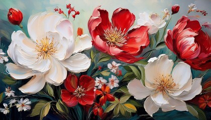 elegant oil painting of lush red white flowers with rich texture hand drawn art beautiful flora