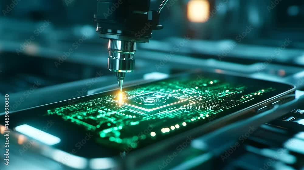 Aufkleber micro-camera module installed into phone casing by laser-guided robotic system in sterile, high-tech