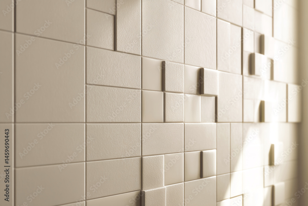 Poster beige textured tiles create a modern wall design, showcasing a clean and minimalist aesthetic suitab