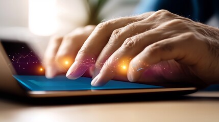Hands typing on a tablet