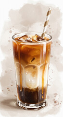 Watercolor Illustration of Layered Iced Coffee Drink