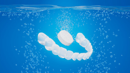 Water-soluble effervescent tablets with retainers. Teeth cleaning concept, showing oral hygiene. Suitable for advertising dental products, orthodontic services.