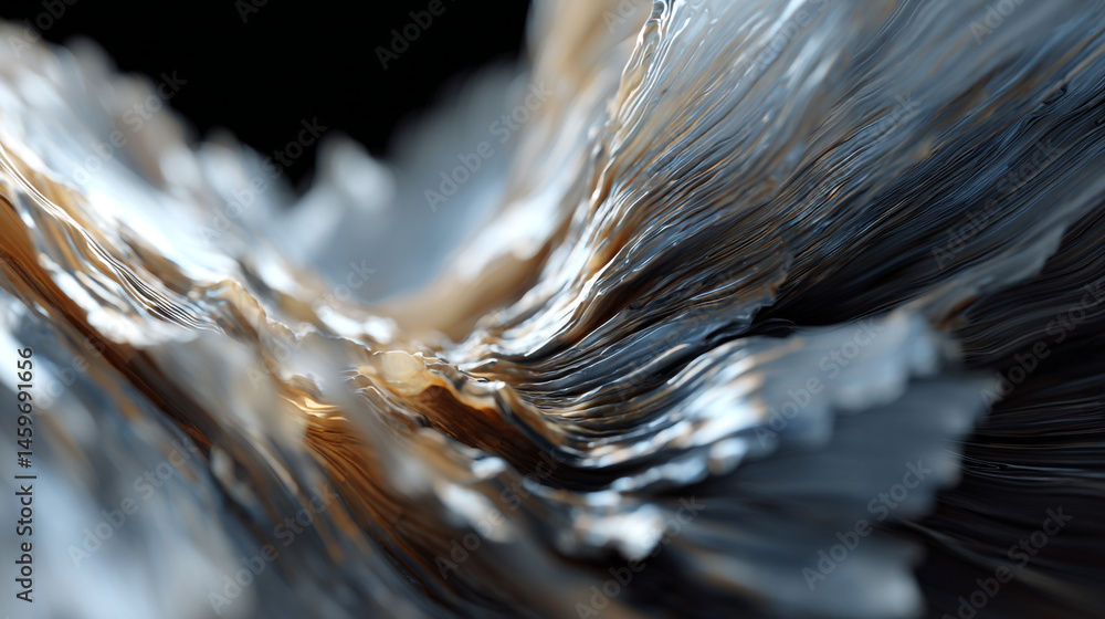 Poster close up of layered abstract waves with white and gold textures on a dark background view