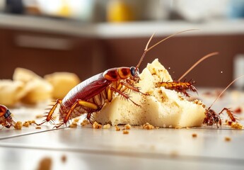 Close-up View of Cockroaches Feeding on Food Crumbs in Kitchen Setting with Blurred Background and Natural Light