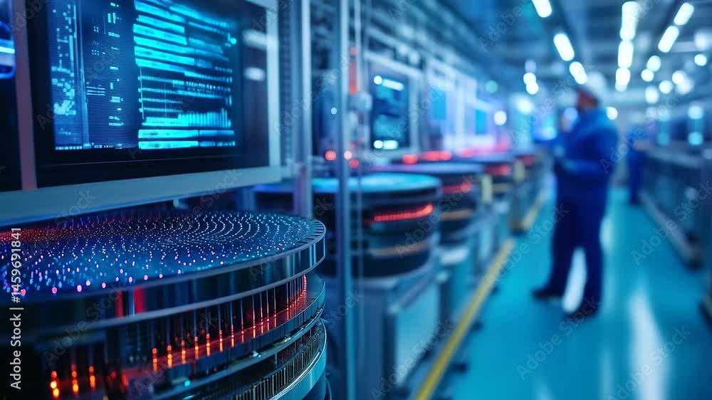 Poster panoramic view of futuristic processor lab, glimmering wafers on rotating spindles, holographic read