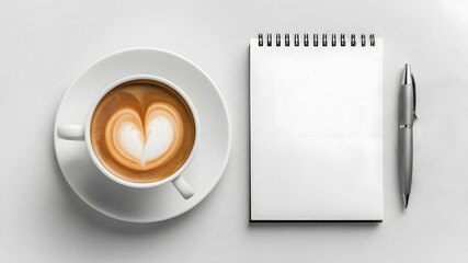 Coffee with Heart Art, Blank Notepad, and Pen