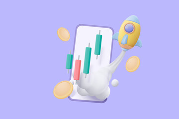 3d flying space rocket with money coin on mobile phone. Spaceship launch on blue background. space for business startup and growth statistics trading concept. 3d rocket icon vector illustration