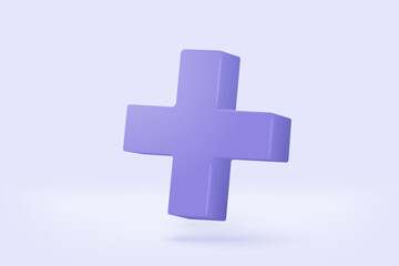 Obraz premium 3d purple plus sign icon on the white background. Cartoon icon of first aid and health care with minimal style. Medical symbol of emergency help. 3d aid vector render illustration