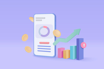 3D online trading with mobile phone and money coin on purple background. Investment graph using funding business on smartphone. 3d vector trading on mobile phone for investment render illustration