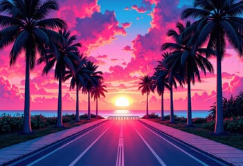 Vibrant sunset over a palm-lined road leading to the ocean