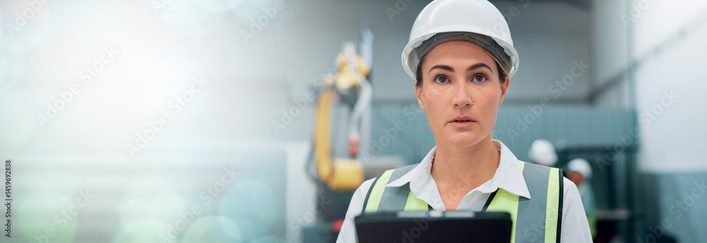 Poster woman, engineer and tablet at factory of robotics inspection, machine research and technical guide. 