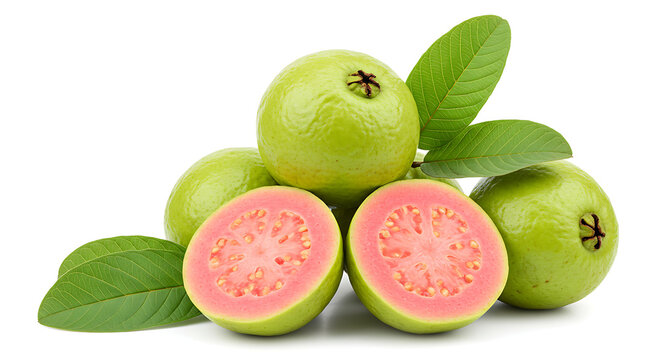 A stack of guavas with green leaves, isolated on a white background, with one guava cut open at the front to display its pink flesh and small seeds