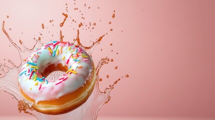 A vibrant donut topped with pink icing and sprinkles splashes into a pool of water, creating a dynamic and visually appealing composition that captivates the viewer's attention.