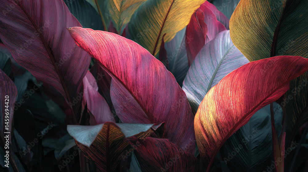 Poster a close up view of colorful calathea leaves with vibrant hues and intricate leaf patterns visible