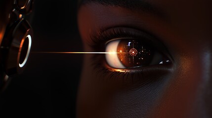 Photorealistic close-up of a black man's eye being scanned by a futuristic robot. A narrow beam of light illuminates her iris and pupil.