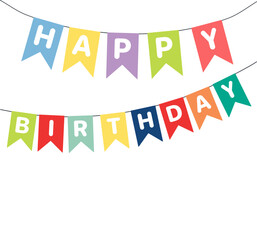 Bunting, hanging flags with text Happy Birthday, festive decorations, garland, isolated vector illustration. Holiday celebration, festival, carnival, party, anniversary design element