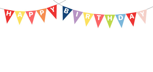 Bunting, hanging flags with text Happy Birthday, festive decorations, garland, isolated vector illustration. Holiday celebration, festival, carnival, party, anniversary design element