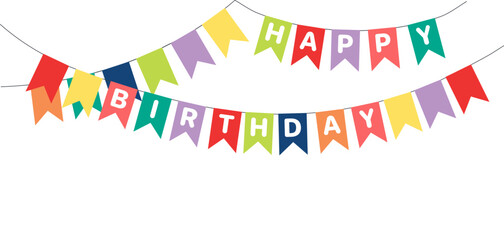 Bunting, hanging flags with text Happy Birthday, festive decorations, garland, isolated vector illustration. Holiday celebration, festival, carnival, party, anniversary design element