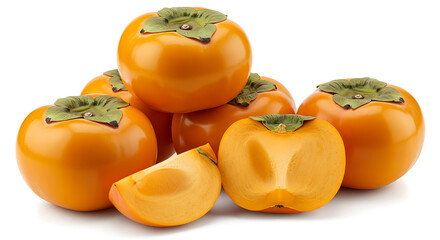 A stack of ripe persimmons (caquis) with glossy orange skin and green tops, isolated on white, with one persimmon sliced in front to show its soft, seedless interior