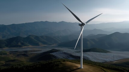 Wind turbine and solar panel pattern with green earth tones.