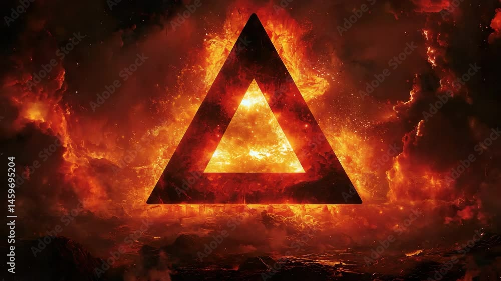 Poster triangle shaped object surrounded by intense flames creating a striking visual contrast of fire