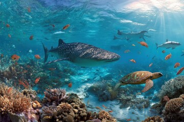 Fototapeta premium Whale shark and sea turtle swim together in a vibrant coral reef.