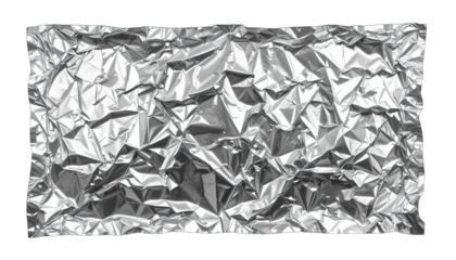 A close up shot of a wrinkled piece of shiny silver aluminum foil on a black isolated background on transparent background