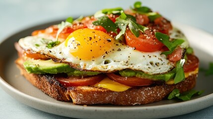 A hearty breakfast plate featuring a perfectly fried egg on toast layered with avocado, tomatoes, and greens, showcasing a healthy and vibrant start to the day.