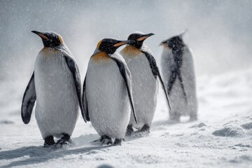 Fototapeta premium King penguins waddle through a snowy flurry, their sleek feathers glistening.