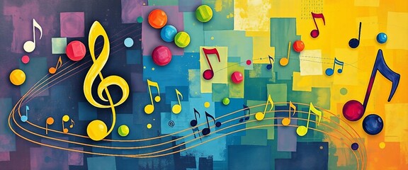 Bunte musikalische Noten auf kreativem, abstraktem Gouache-Hintergrund in kräftigen Farben. Künstlerisch, verspielt und inspirierend.