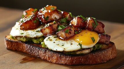 An appealing breakfast dish showcasing toasted bread topped with fried eggs, crispy bacon, and fresh herbs, delivering a delicious and satisfying start to the day.