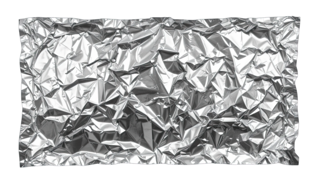A close up shot of a wrinkled piece of shiny silver aluminum foil on a black isolated background on transparent background