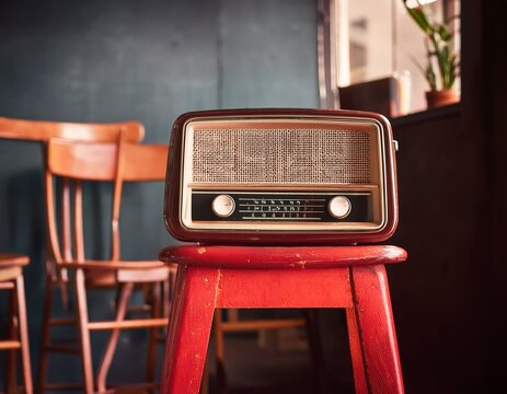 vintage radio atop red aged stool atmospheric moody interior with blurred stools in the background
