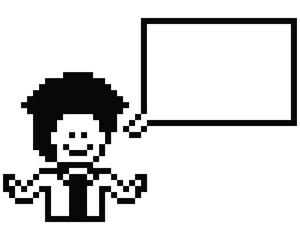 Fototapeta premium Cartoon pixel cute character man face with chat box blank decoration 8 bit male boy say speak discuss idea chat box cartoon pixel 8bit game png vector.