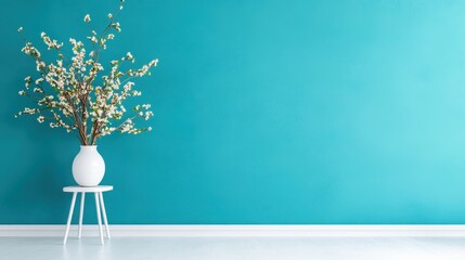 A charming white vase filled with a delicate floral arrangement sits atop a small white table against a vibrant teal wall, enhancing the aesthetic appeal and warmth of any interior space.