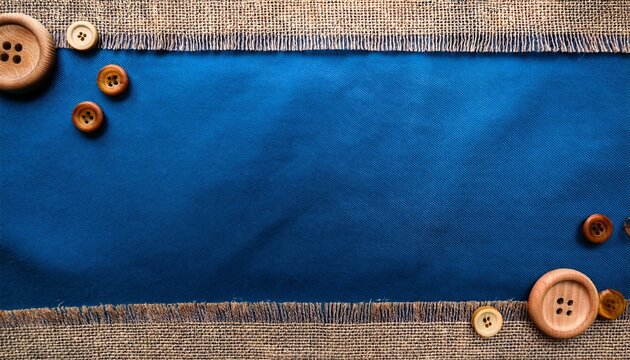 textured blue fabric background bordered with burlap and wooden buttons with space to copy for craft blogs sewing websites and rustic design projects