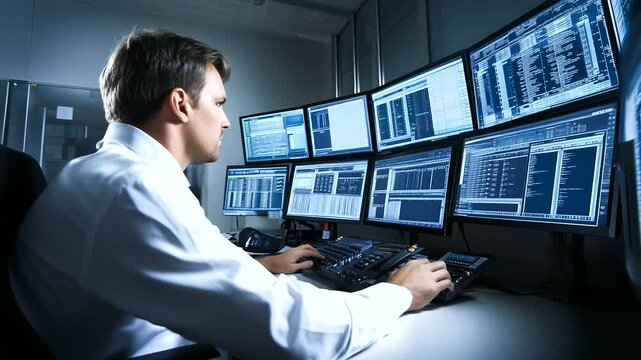 SCADA engineer manages automated processes, monitoring multiple digital displays, checking parameters and performance metrics in an industrial facility