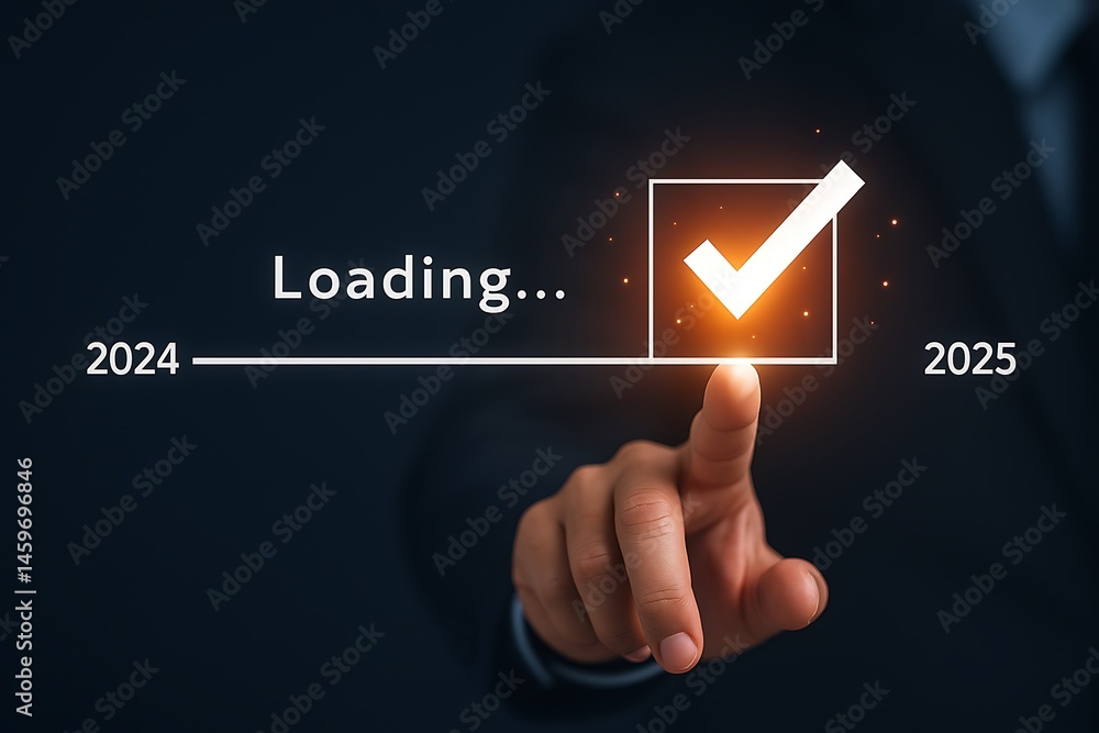 Poster businessman marking a check on a loading bar between 2024 and 2025, symbolizing progress and transit