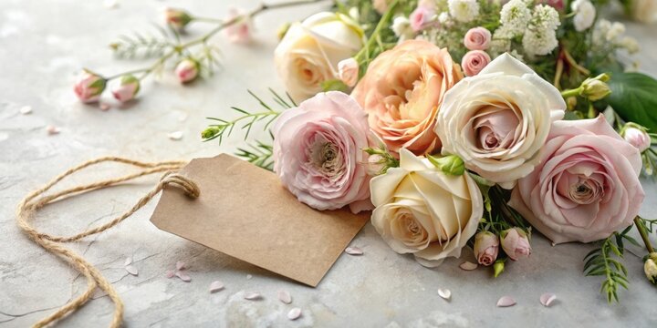A Delicate Arrangement of Pastel Roses and Buds with a Blank Tag for a Personalized Message
