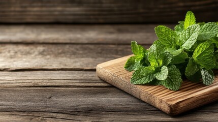 Fototapeta premium A beautiful arrangement of lush green mint leaves on a wooden cutting board, framed in a serene setting to convey tranquility and freshness in cooking and culinary arts.