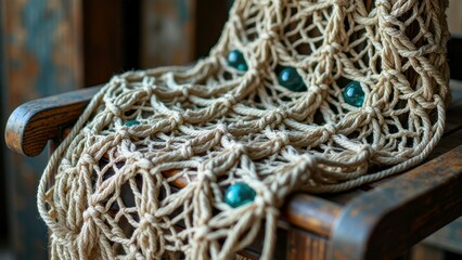 Intricate macram&eacute; blanket draped over wooden chair with teal accents