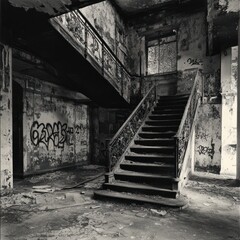 Obraz premium Derelict building's grand staircase, showing decay and graffiti.