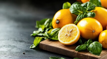 An artistic display of bright lemons combined with lush greens on a wooden surface, symbolizing health and freshness in culinary presentations for vibrant dishes.