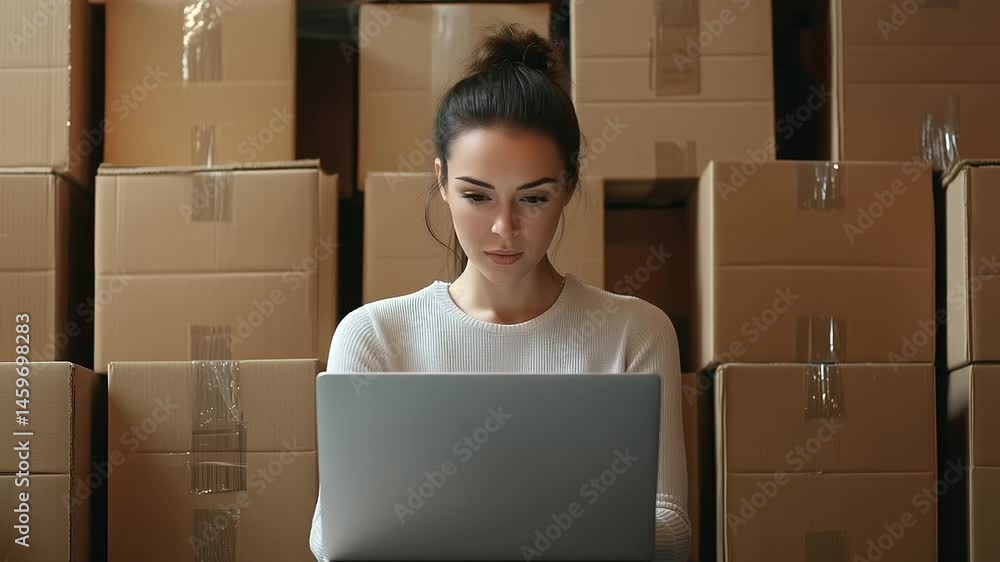 Poster smiling businesswoman manages warehouse operations on her laptop, overseeing distribution and optimi