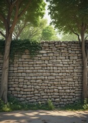 Rustic stone wall, park poster mockup, leafy trees,  graphics,  campaign