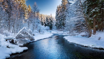 a small river in a winter snowy forest