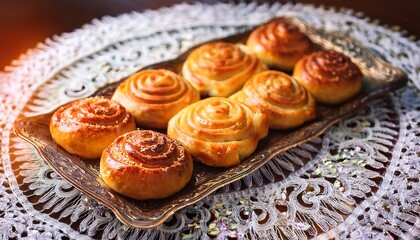famous food of mongolian concept freshly baked rolls on a decorative platter with lace design
