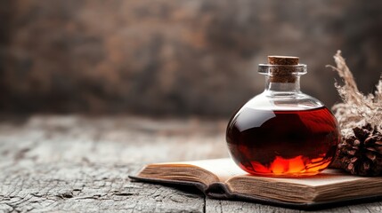 An aesthetic view of a round potion bottle filled with red liquid, elegantly placed on a rustic wooden book amidst dried leaves, perfect for invoking fall vibes.