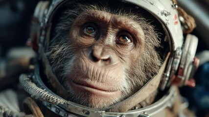 A monkey astronaut wearing a detailed space helmet, captured in a close-up shot. The image conveys curiosity, intelligence, and futuristic exploration beyond Earth in a sci-fi environment. - Powered by Adobe