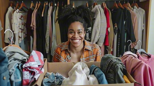 Afro american woman smiling while organizing box of clothes in front of open wardrobe with neatly arranged outfits. Concept of decluttering and joyful home care